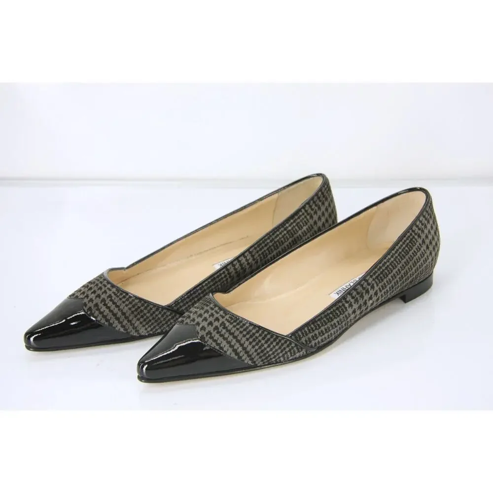 Manolo Blahnik Grey Houndstooth Tweed Ahalaya Cap Toe Ballet Flats